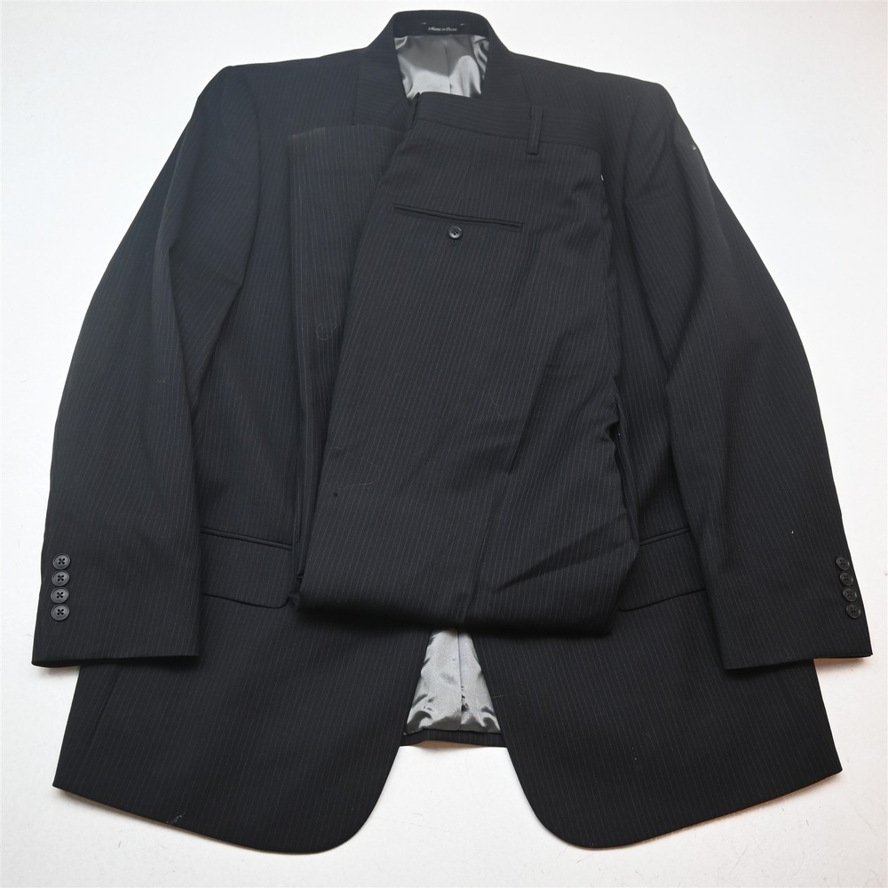 Vtg Y2K 2000s Boxy 44R 34x32 Black Striped 100% Wool Mens Jacket Pants Suit